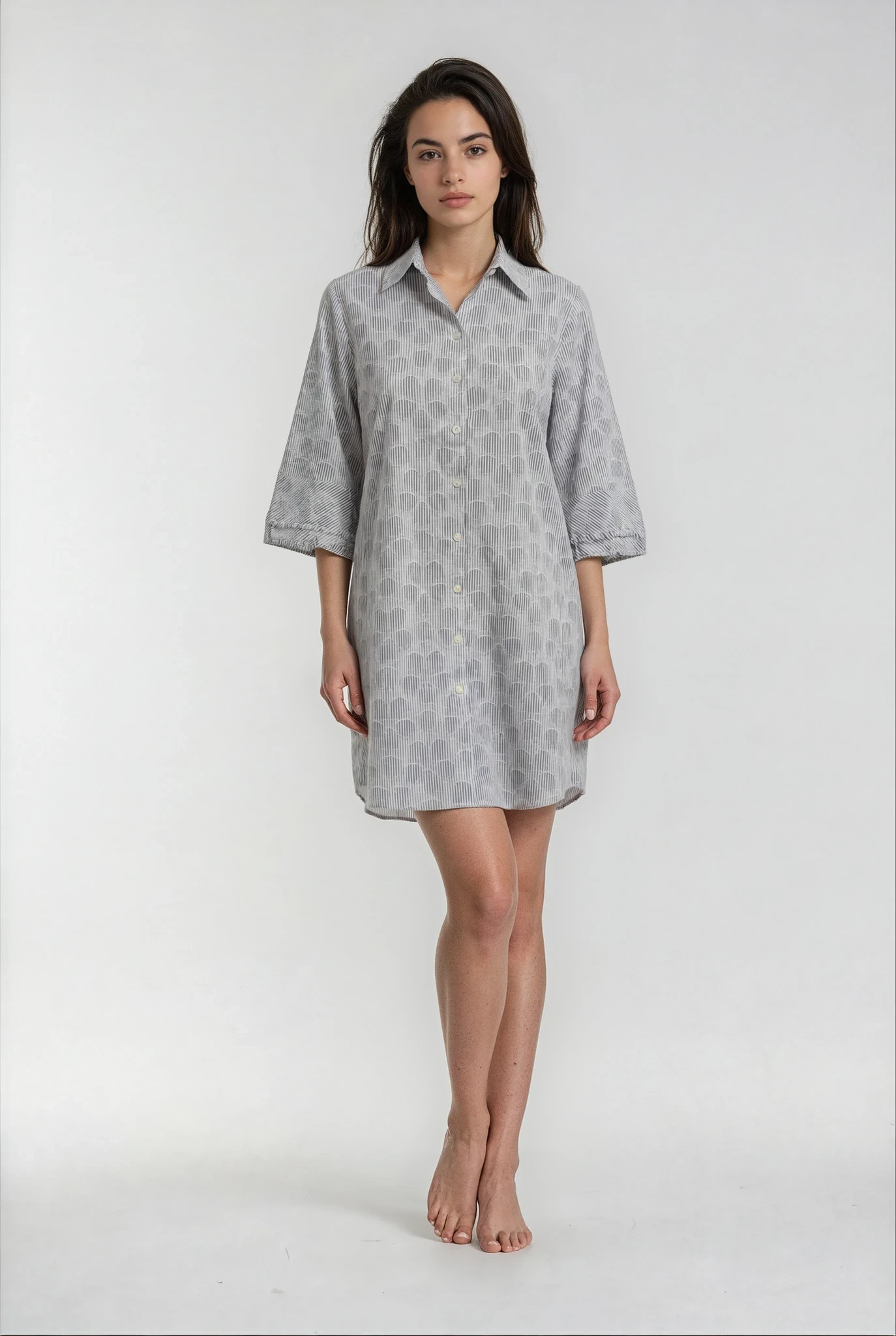 Woman Boho Chic Dress W/fringe Sleeve white and blue patterned shirt dress