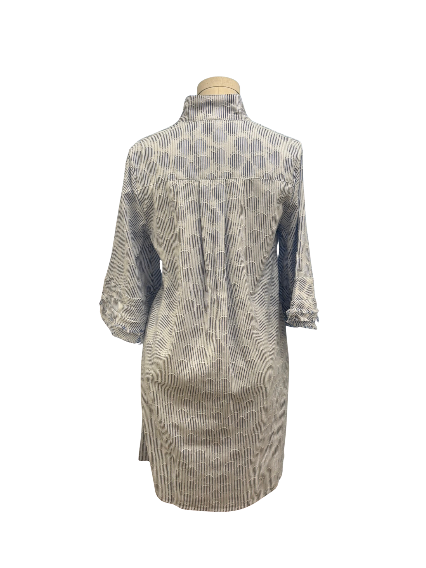 Woman Boho Chic Dress W/fringe Sleeve white and blue patterned shirt dress