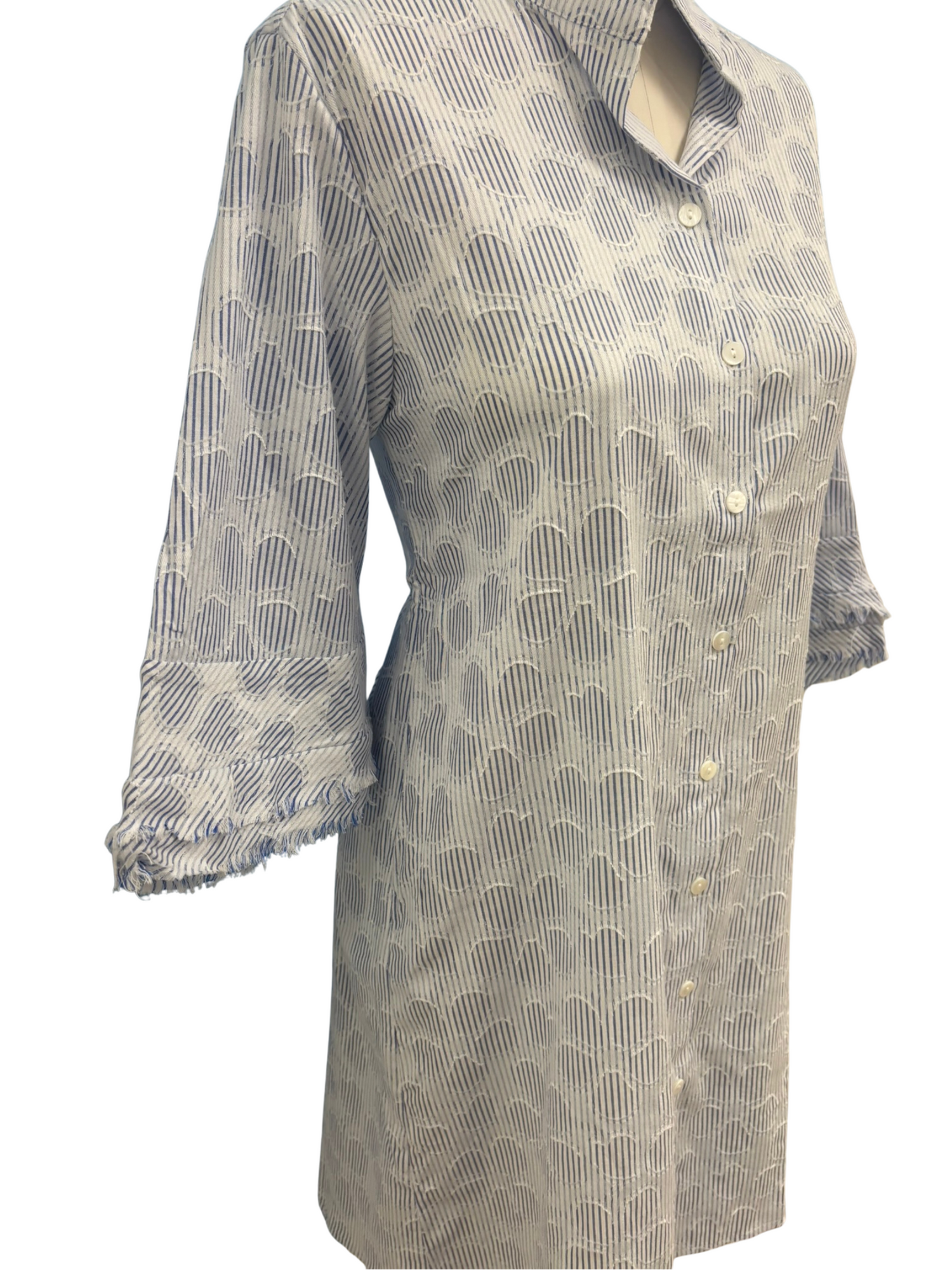 Woman Boho Chic Dress W/fringe Sleeve white and blue patterned shirt dress