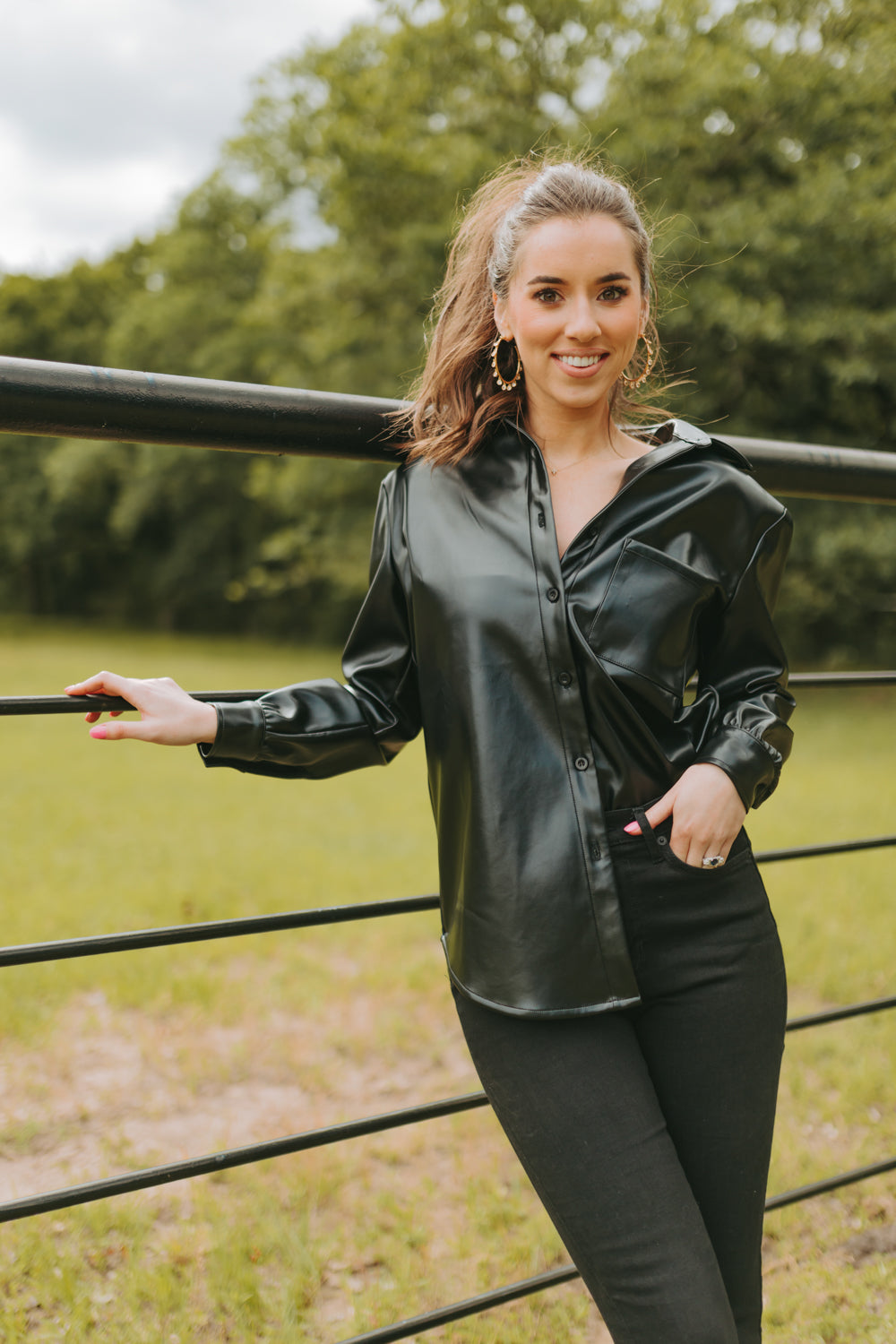 Brielle Vegan Leather Button Up Top - Black