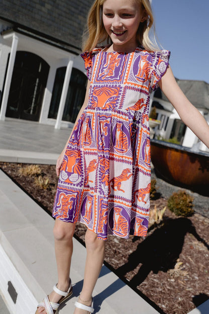 Briton Court | Girls Maya Tiger Game Day Dress | Orange &amp; Purple