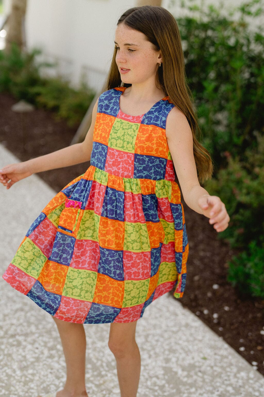 Briton Court | Girls Collins Sequin Pocket Dress- Gingham Floral