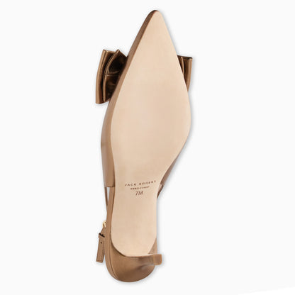 Tan pointed-toe shoe with a bow on a white background