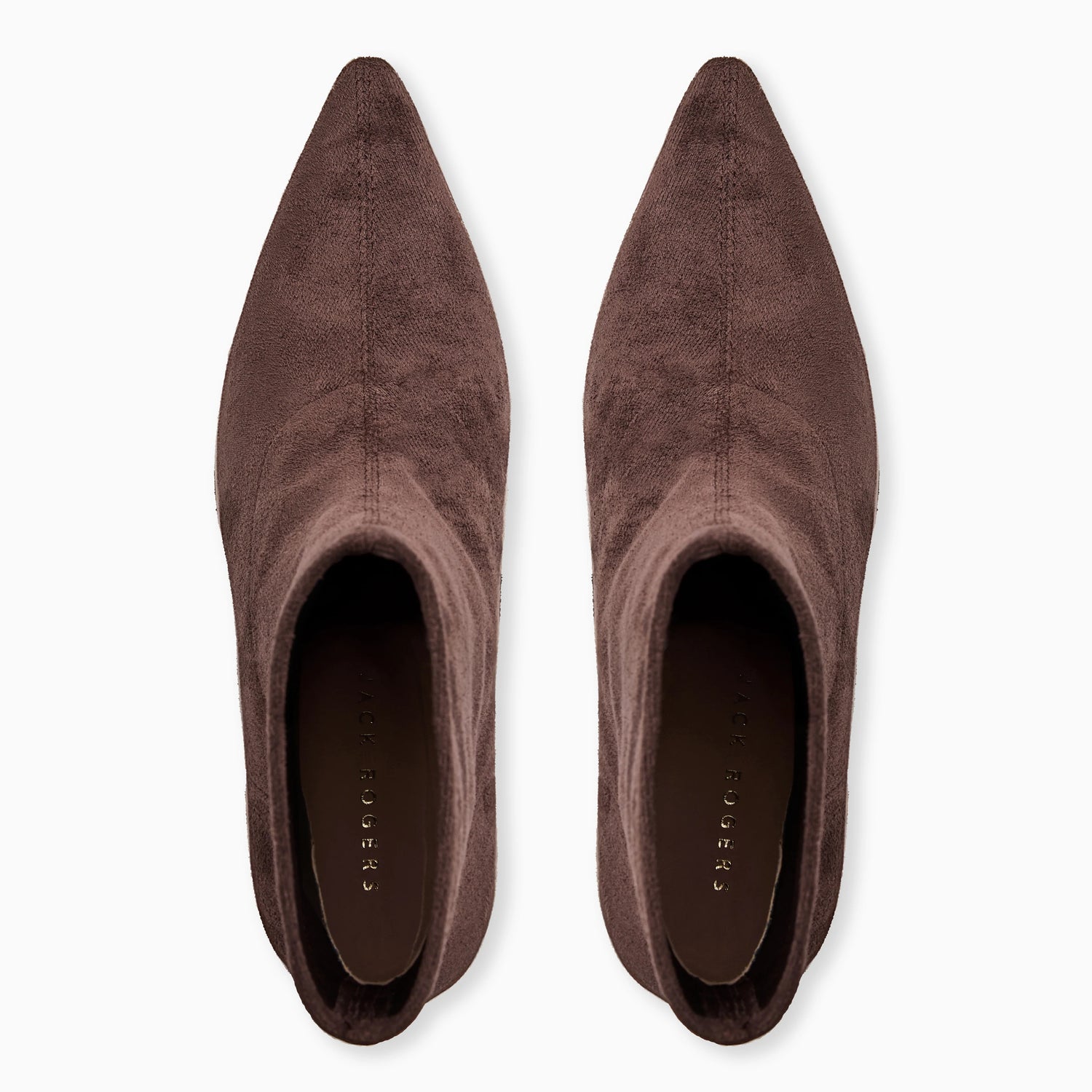 Pair of brown suede pointed-toe shoes on a white background
