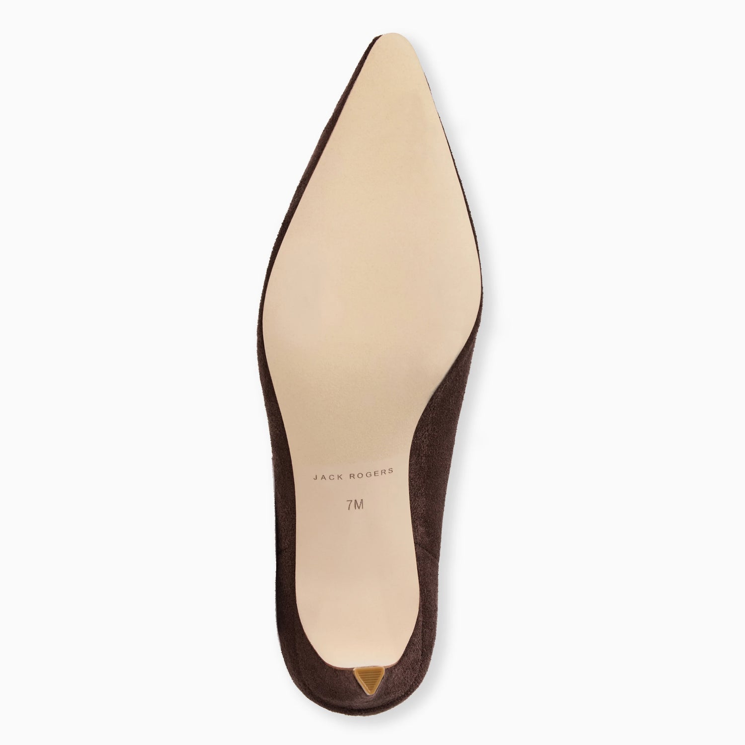 Pointed-toe shoe with brown sole and beige insole on a white background