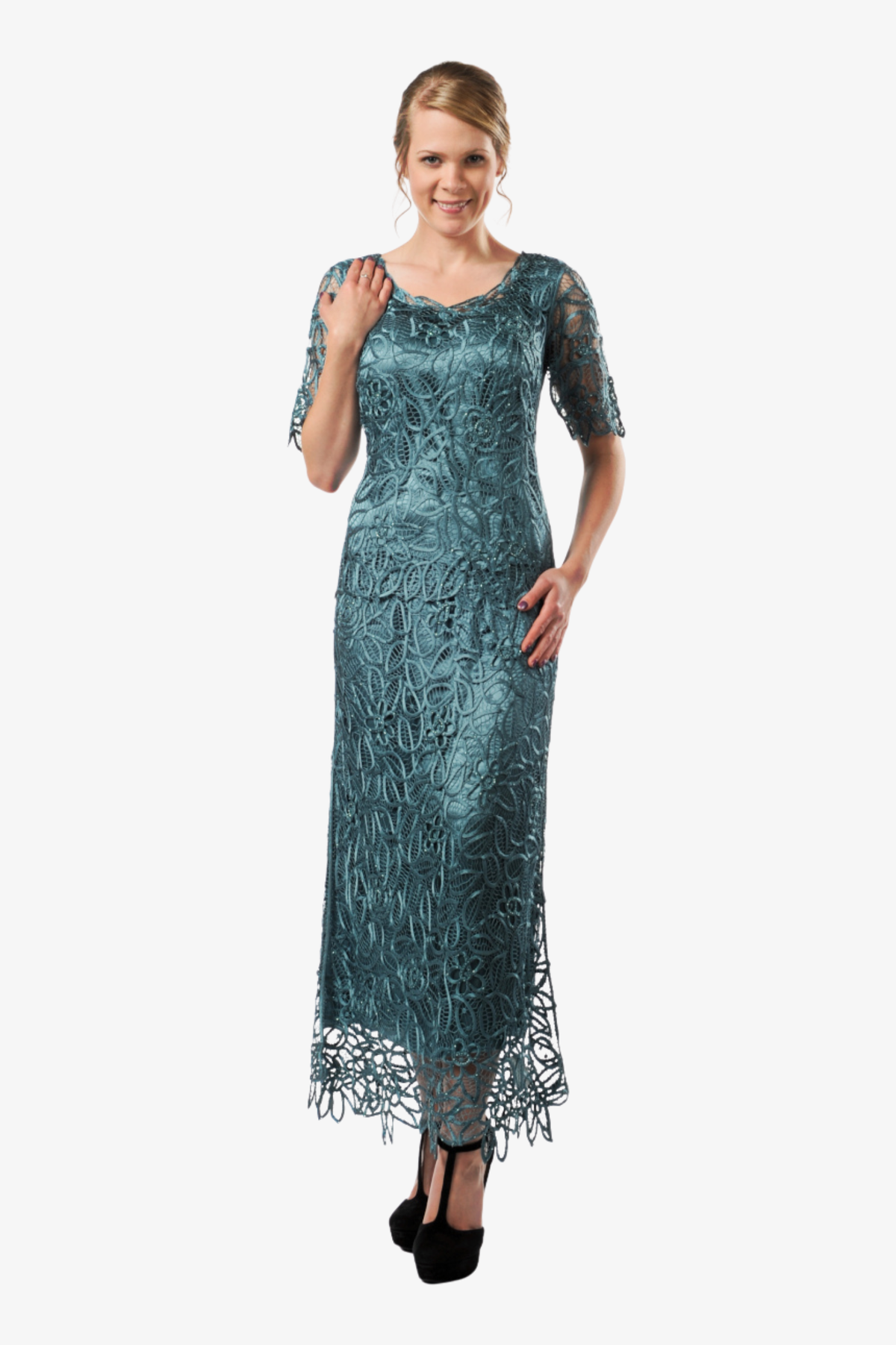 Hand Lace Silver Beaded Short Sleeve Top with Skirt Set