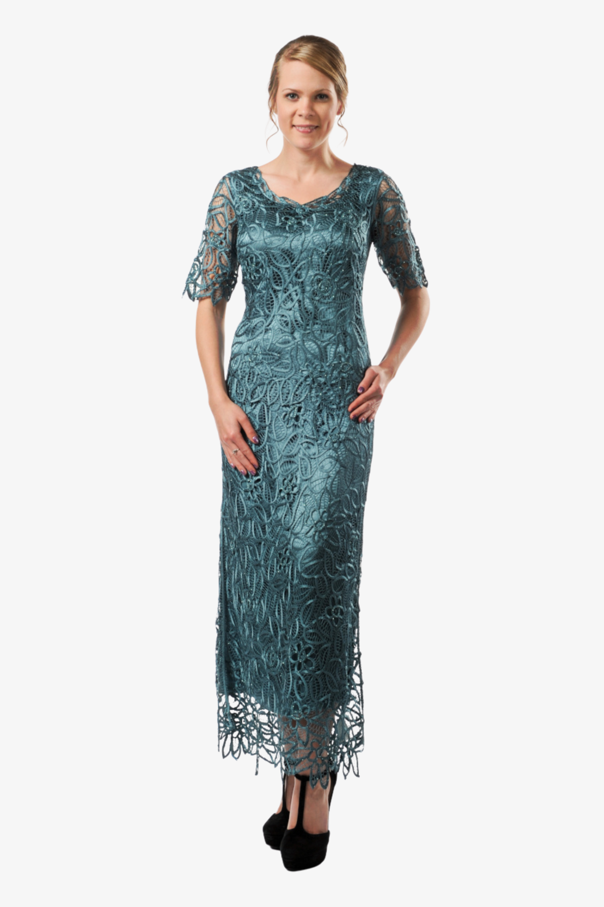 Hand Lace Silver Beaded Short Sleeve Top with Skirt Set