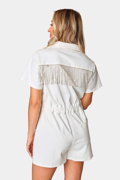 Jessie Crystal Fringe Romper - White