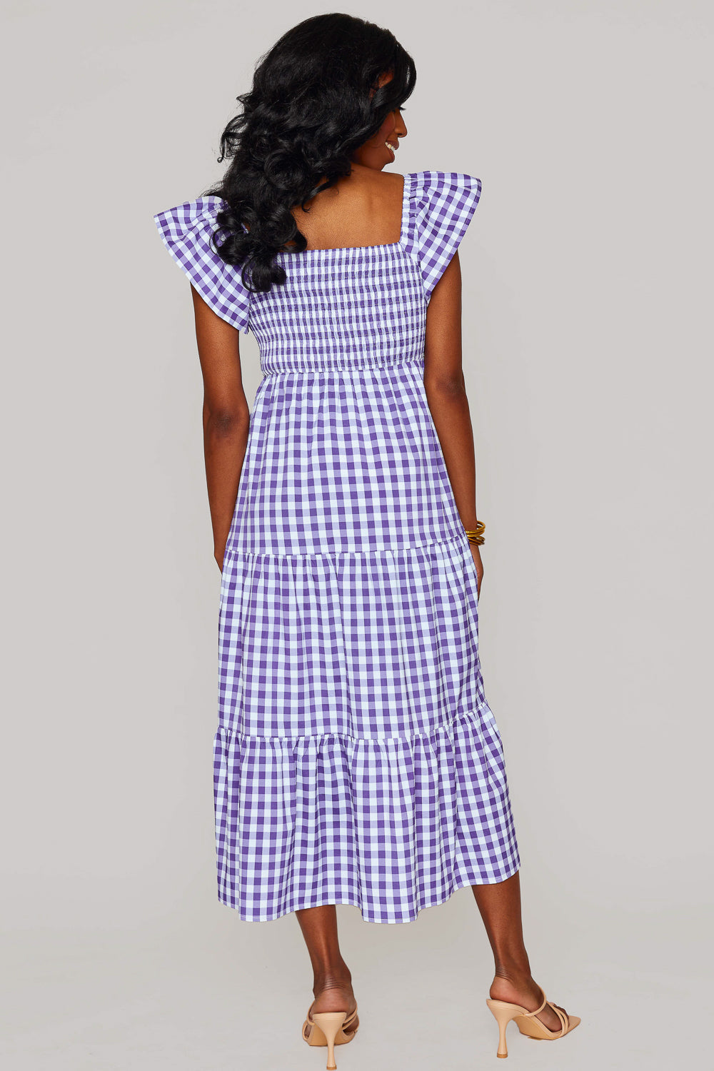 Brynn Ruffle Shoulder Midi Dress - Purple Checker