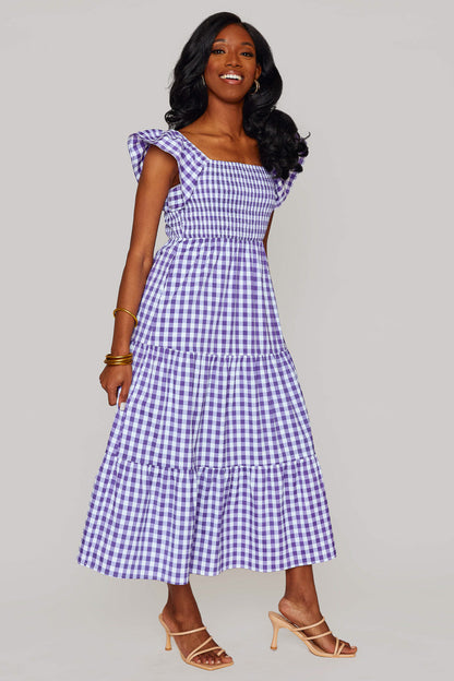 Brynn Ruffle Shoulder Midi Dress - Purple Checker