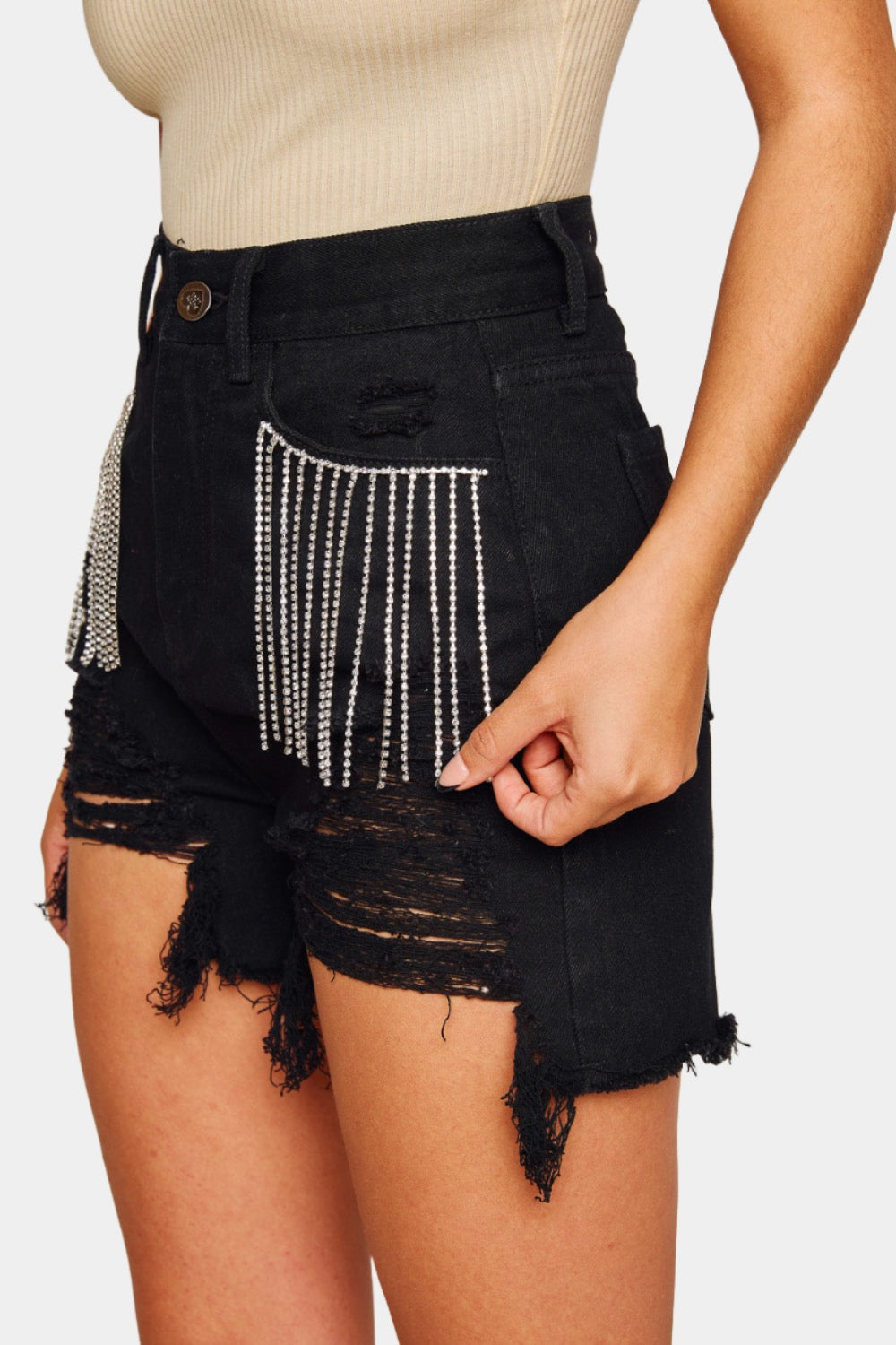 Elvis Crystal Fringe Denim Shorts - Black