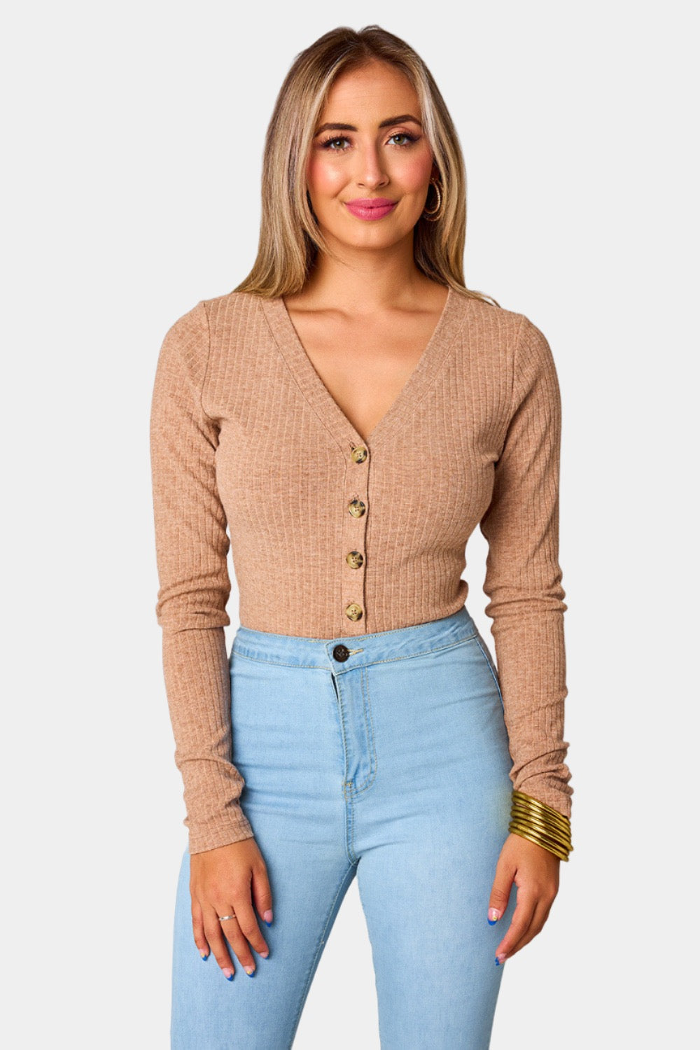 Holly Long Sleeve Button Up Bodysuit - Chocolate