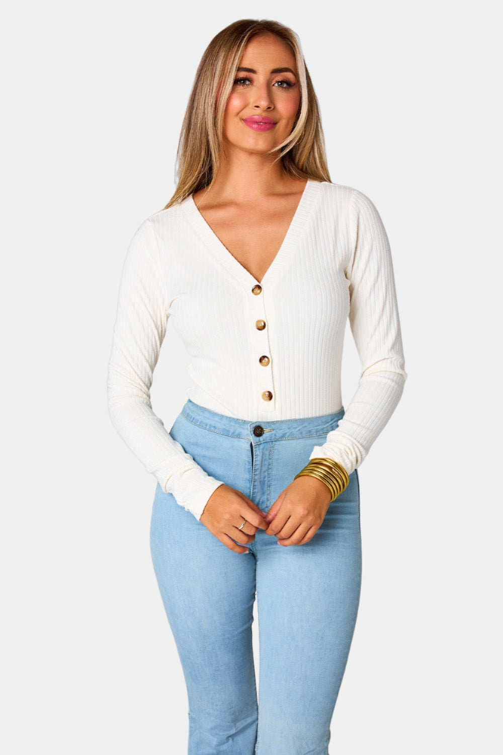 Holly Long Sleeve Button Up Bodysuit - White