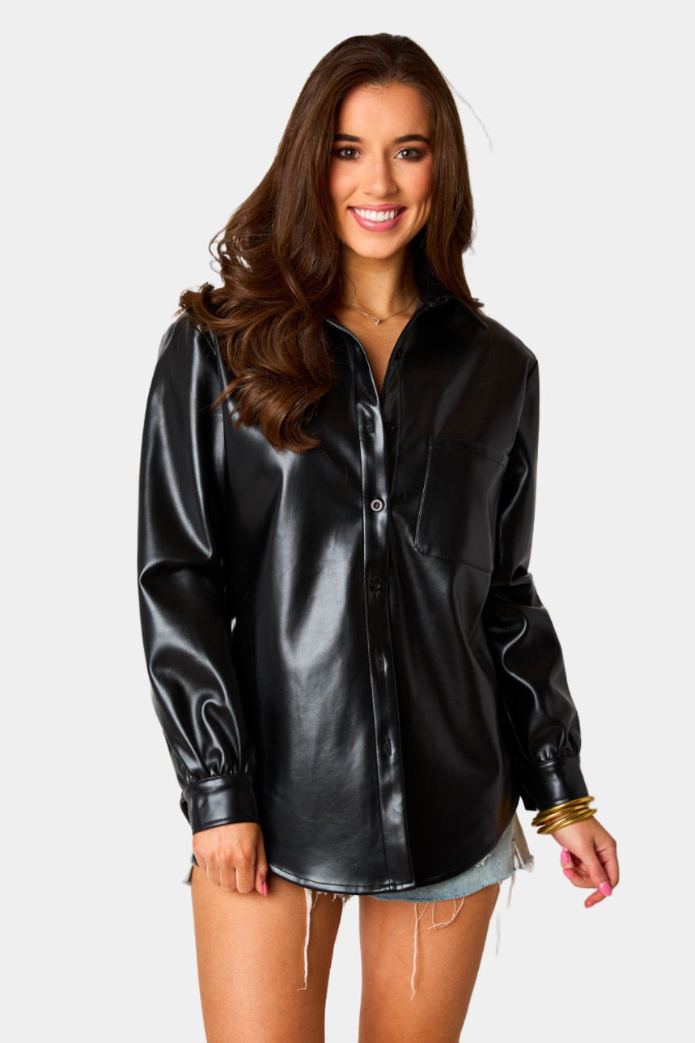 Brielle Vegan Leather Button Up Top - Black