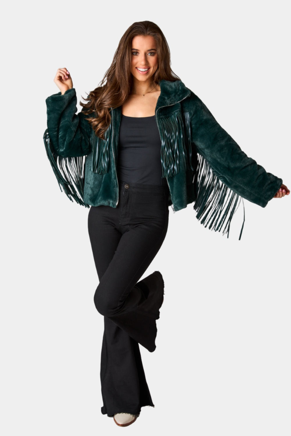 Skylar Fringe Faux Fur Jacket - Jade