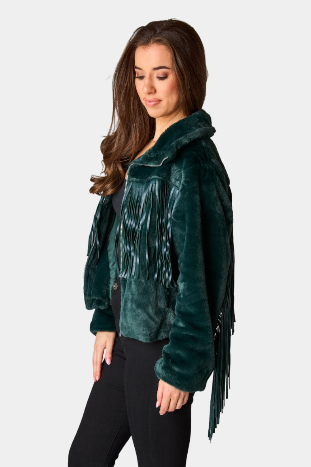 Skylar Fringe Faux Fur Jacket - Jade