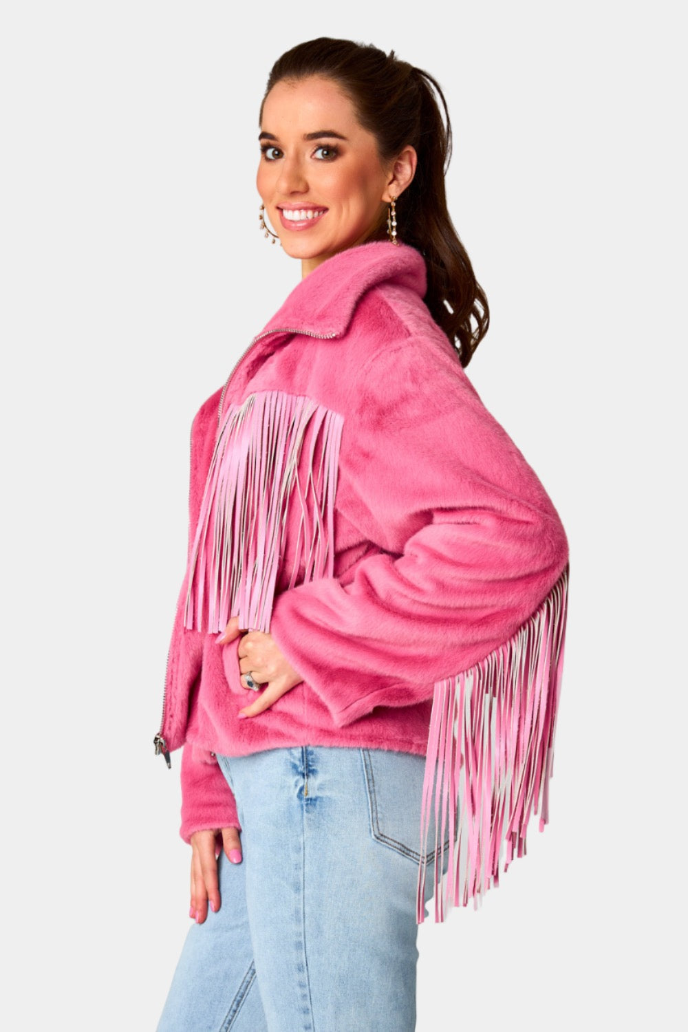 Skylar Fringe Faux Fur Jacket - Hot Pink