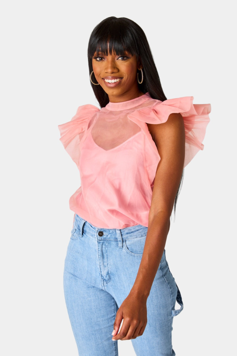 Kaycee Organza Ruffle Sleeve Top -  Salmon