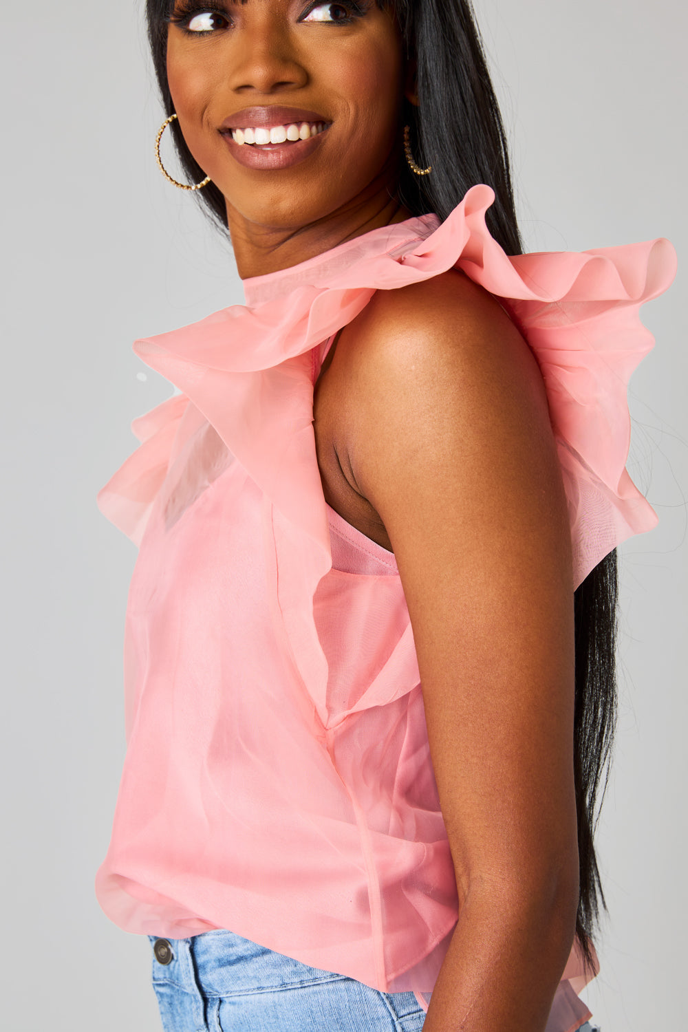 Kaycee Organza Ruffle Sleeve Top -  Salmon