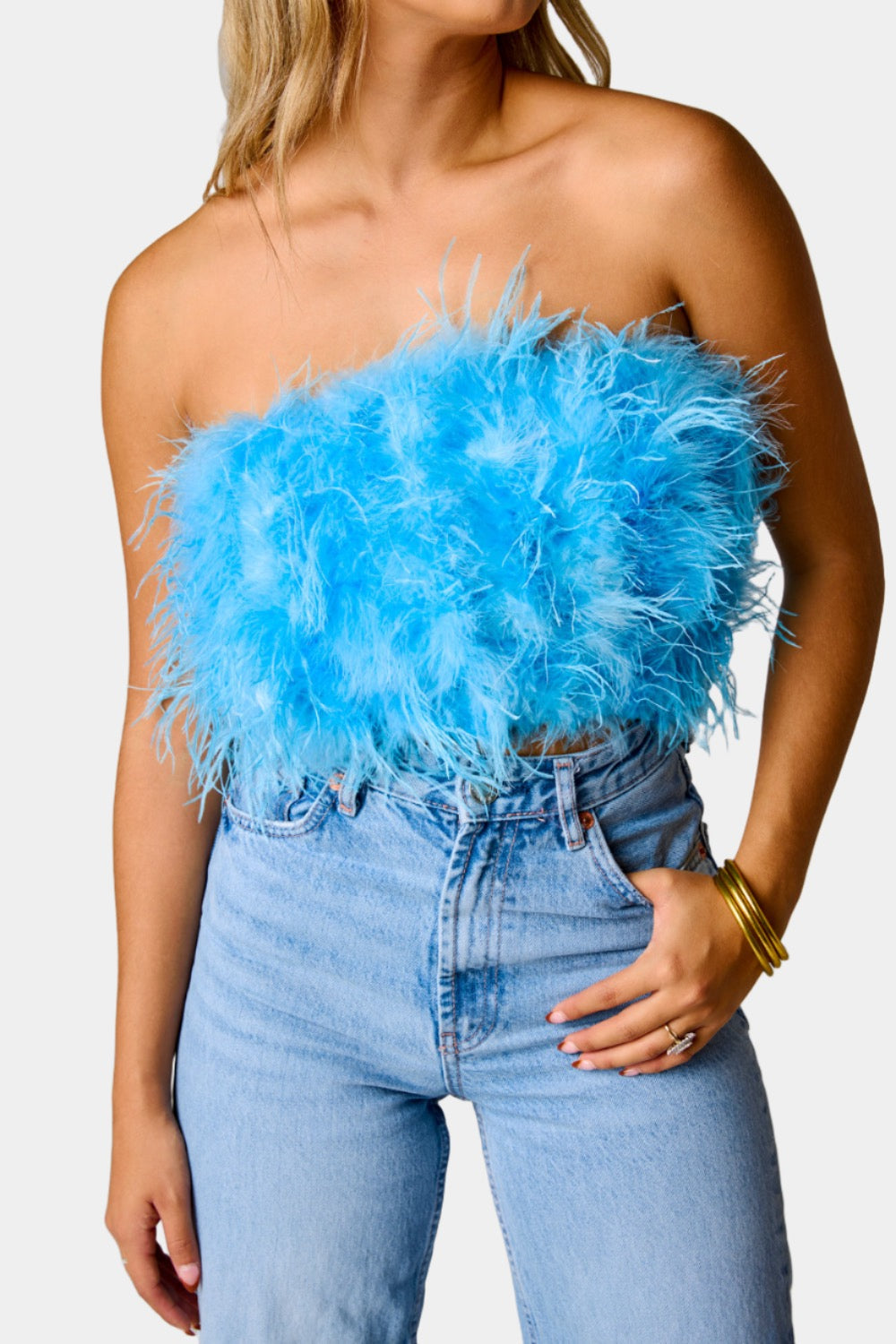 Fancy Strapless Feather Crop Top - Azure Blue