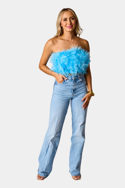 Fancy Strapless Feather Crop Top - Azure Blue