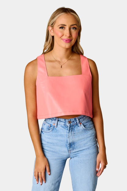 Manning Vegan Leather Cropped Tank Top - Coral