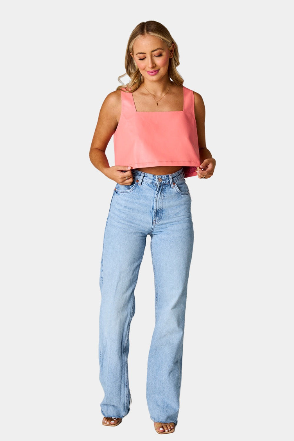 Manning Vegan Leather Cropped Tank Top - Coral