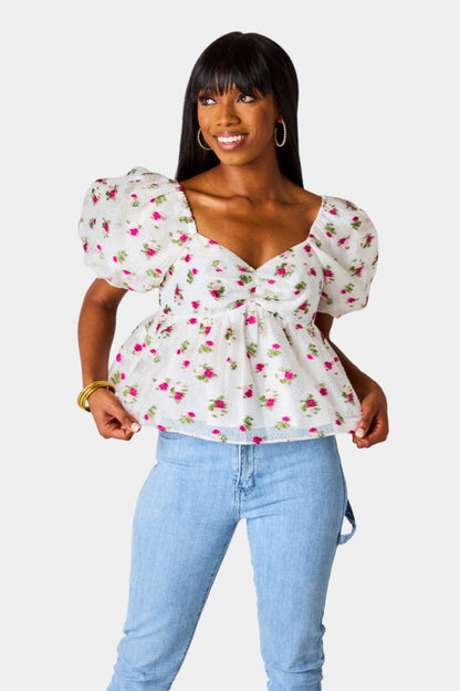 Blakely Peplum Short Sleeve Top - Calla Lily