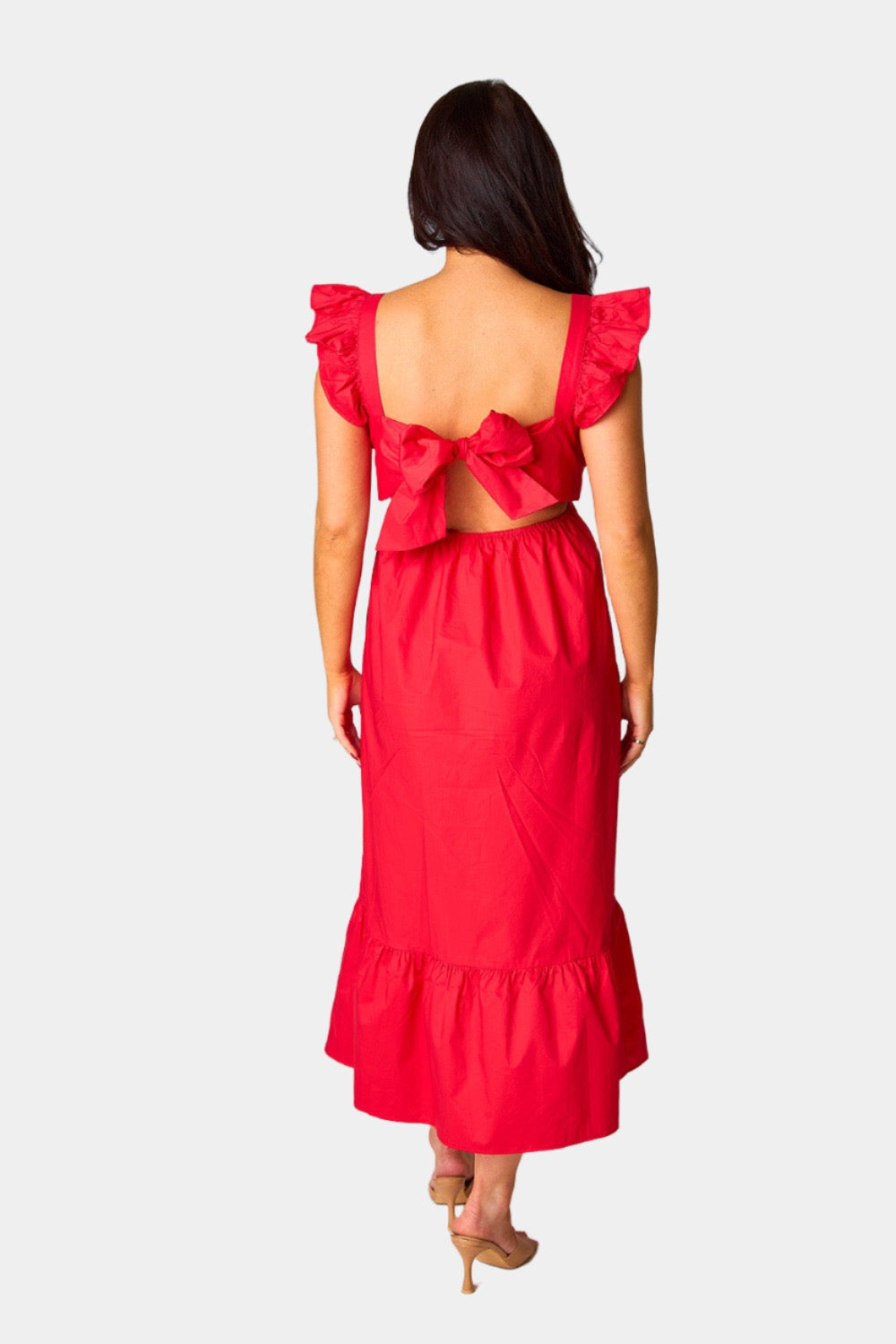 Beverly Ruffle Sleeve Midi Dress - Red