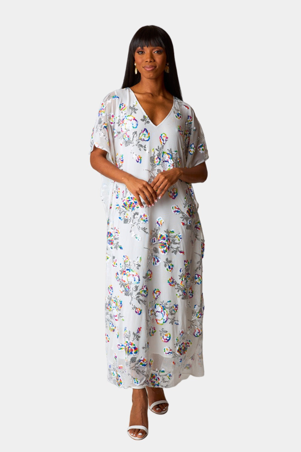 Atlas Sequin Caftan Maxi Dress - White Sangria