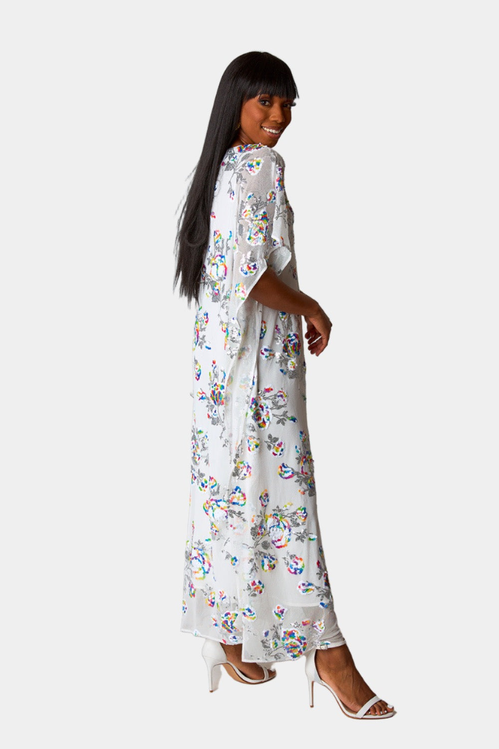 Atlas Sequin Caftan Maxi Dress - White Sangria