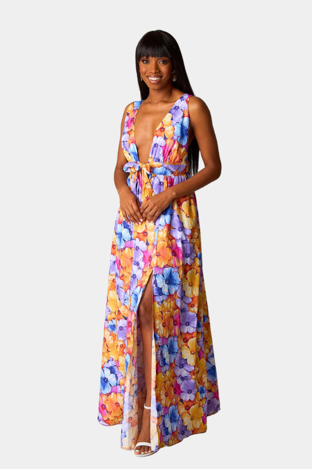 Zena Plunging Neck Maxi Dress - Pansy