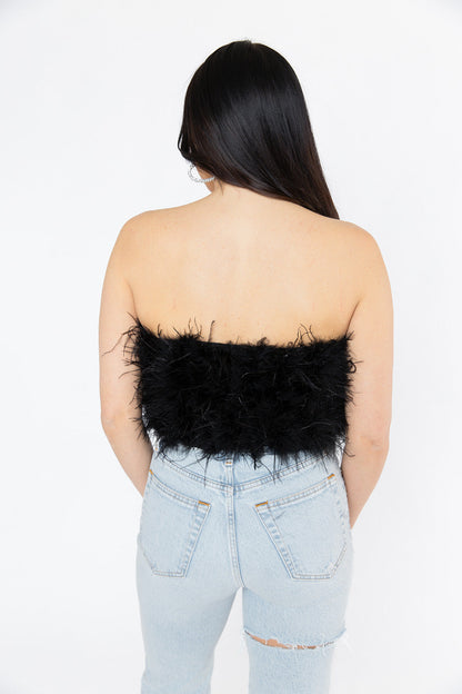 Fancy Strapless Feather Crop Top - Black