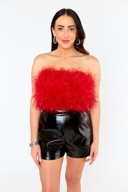 Fancy Strapless Feather Crop Top - Crimson