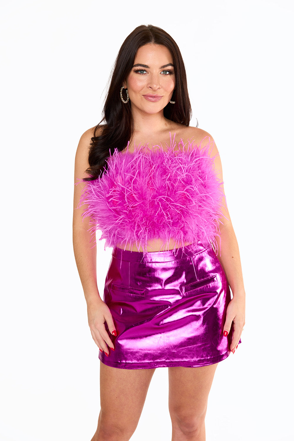 Fancy Strapless Feather Crop Top - Magenta