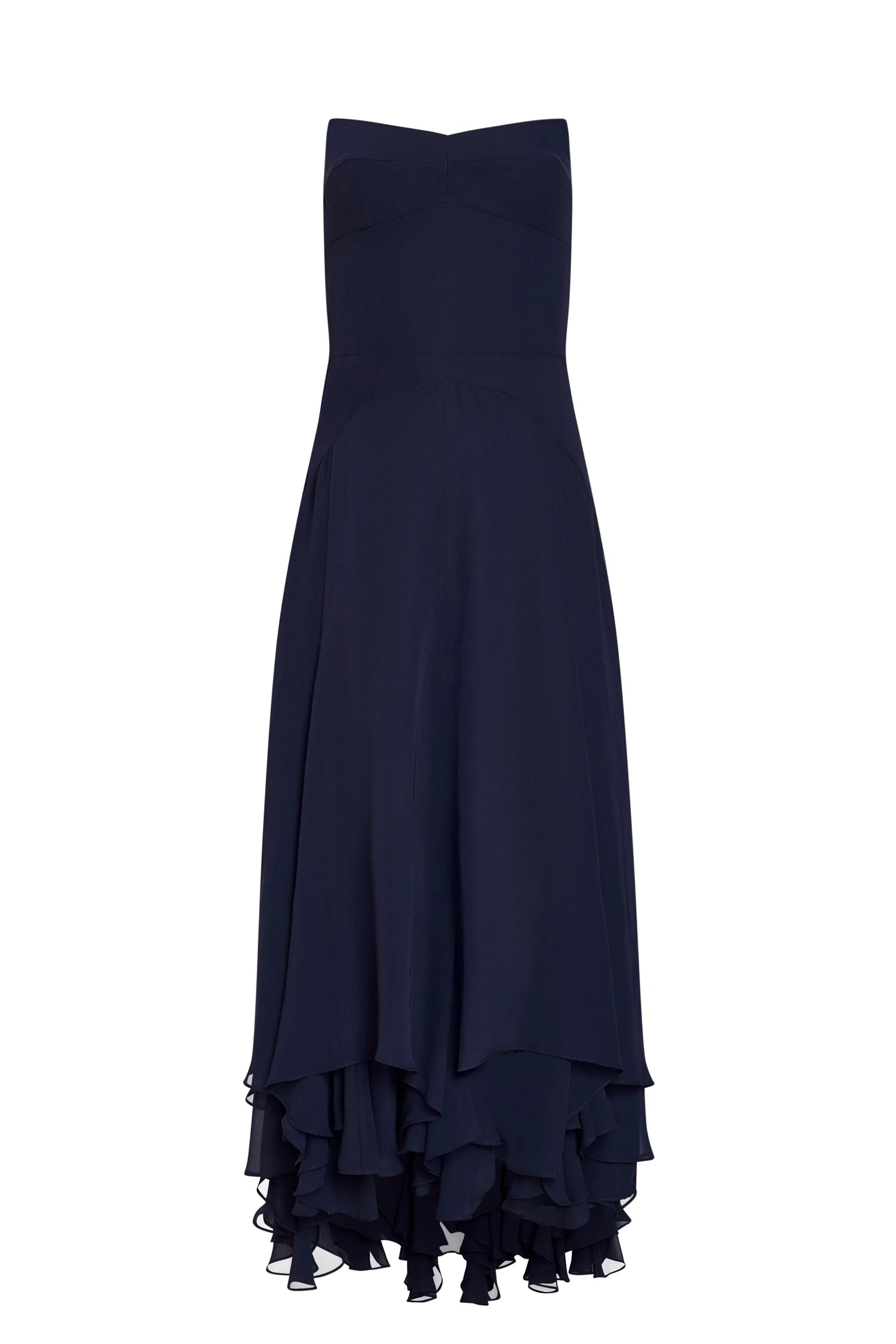 Navy blue dress with ruffled hem on a white background