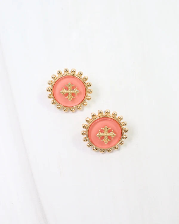 Caroline Hill Kempsey Coin Stud Earring Coral pair of oval stud earrings with coral pink centers, gold floral motifs, and gold beaded borders