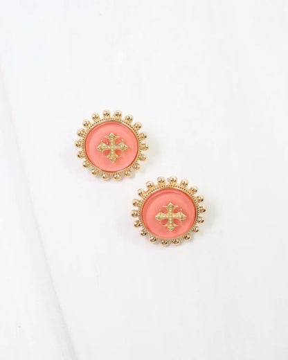 Caroline Hill Kempsey Coin Stud Earring Coral pair of oval stud earrings with coral pink centers, gold floral motifs, and gold beaded borders