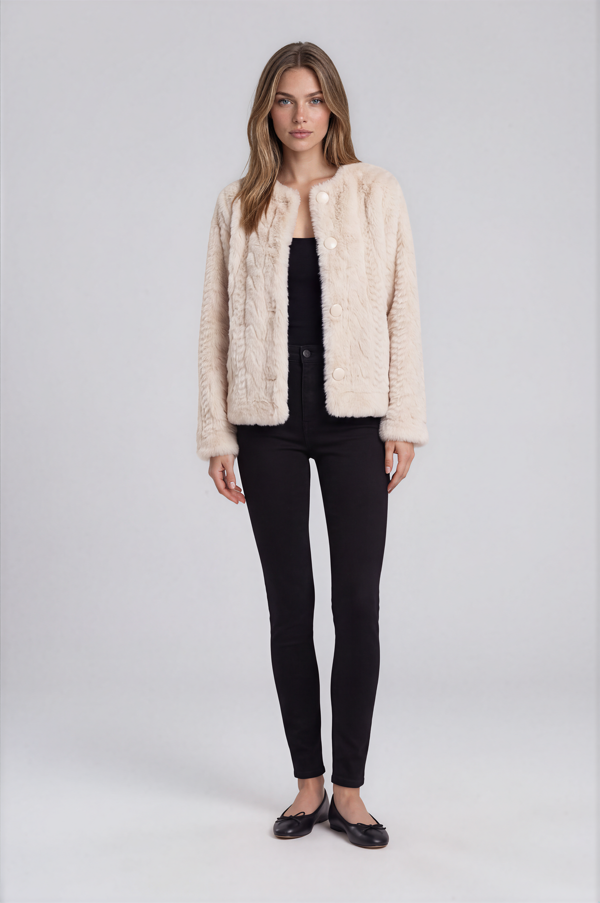Cream Textured Faux Fur Jacket 