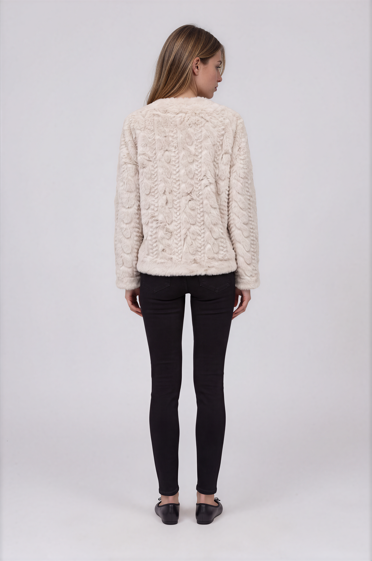 Cream Textured Faux Fur Jacket 