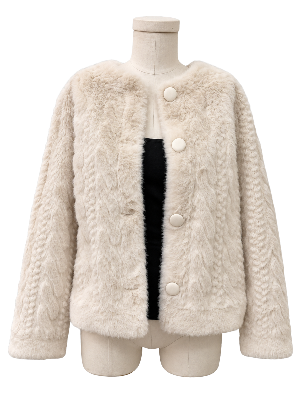 Cream Textured Faux Fur Jacket 