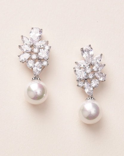 Cubic Zirconia Cluster Pearl Drop Clip-on Earrings