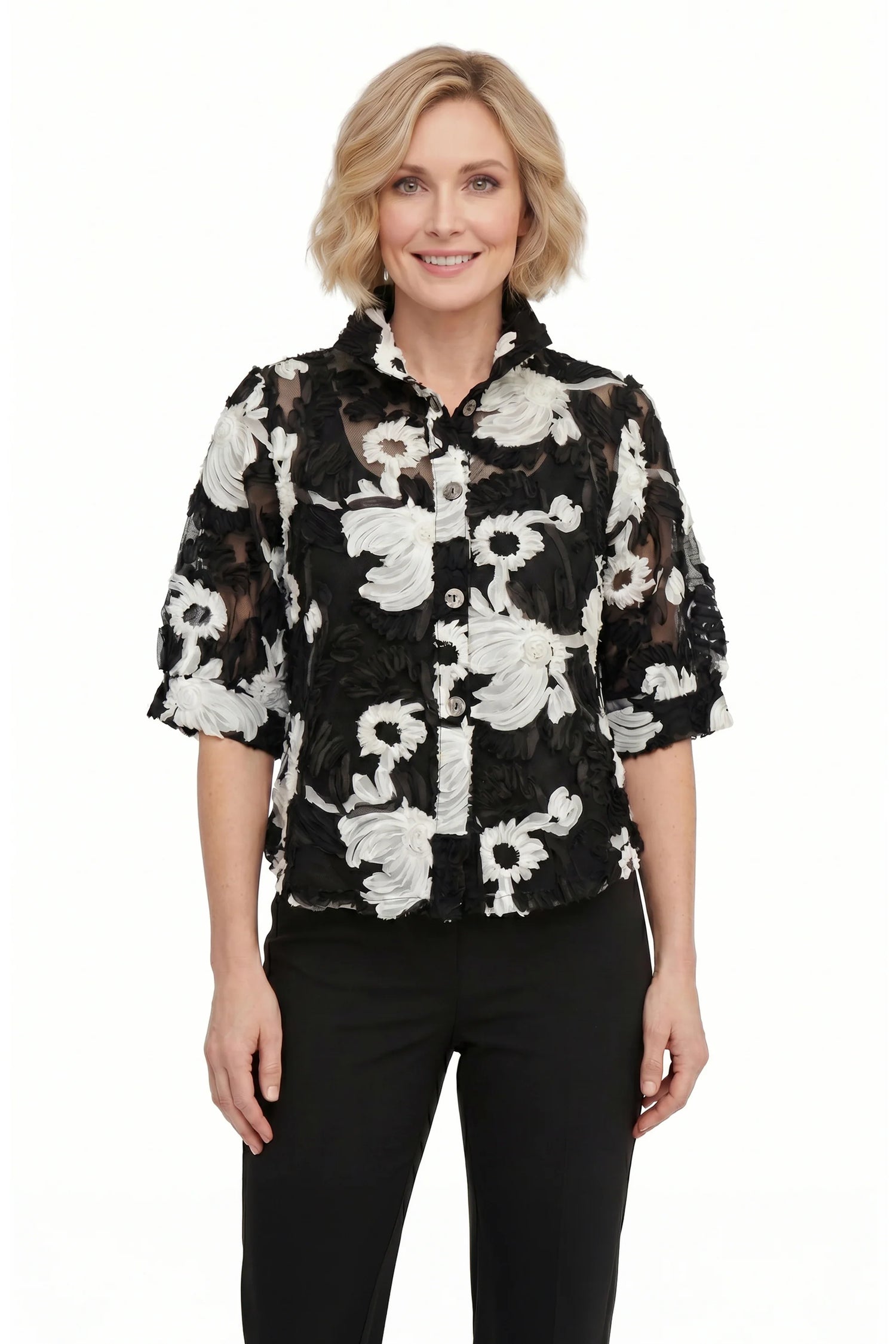 DAMEE 7125-BLACK 3D FLOWER BLOUSE