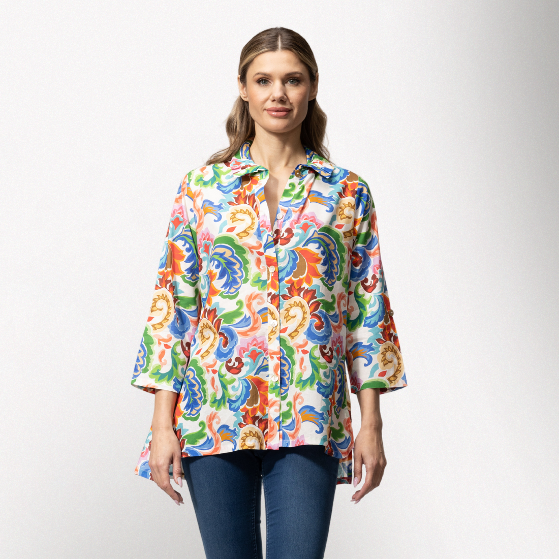 Toofan | Moroccan Tile Print Wire Collar Button Down Cotton Shirt