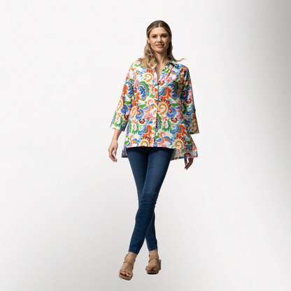 Toofan | Moroccan Tile Print Wire Collar Button Down Cotton Shirt