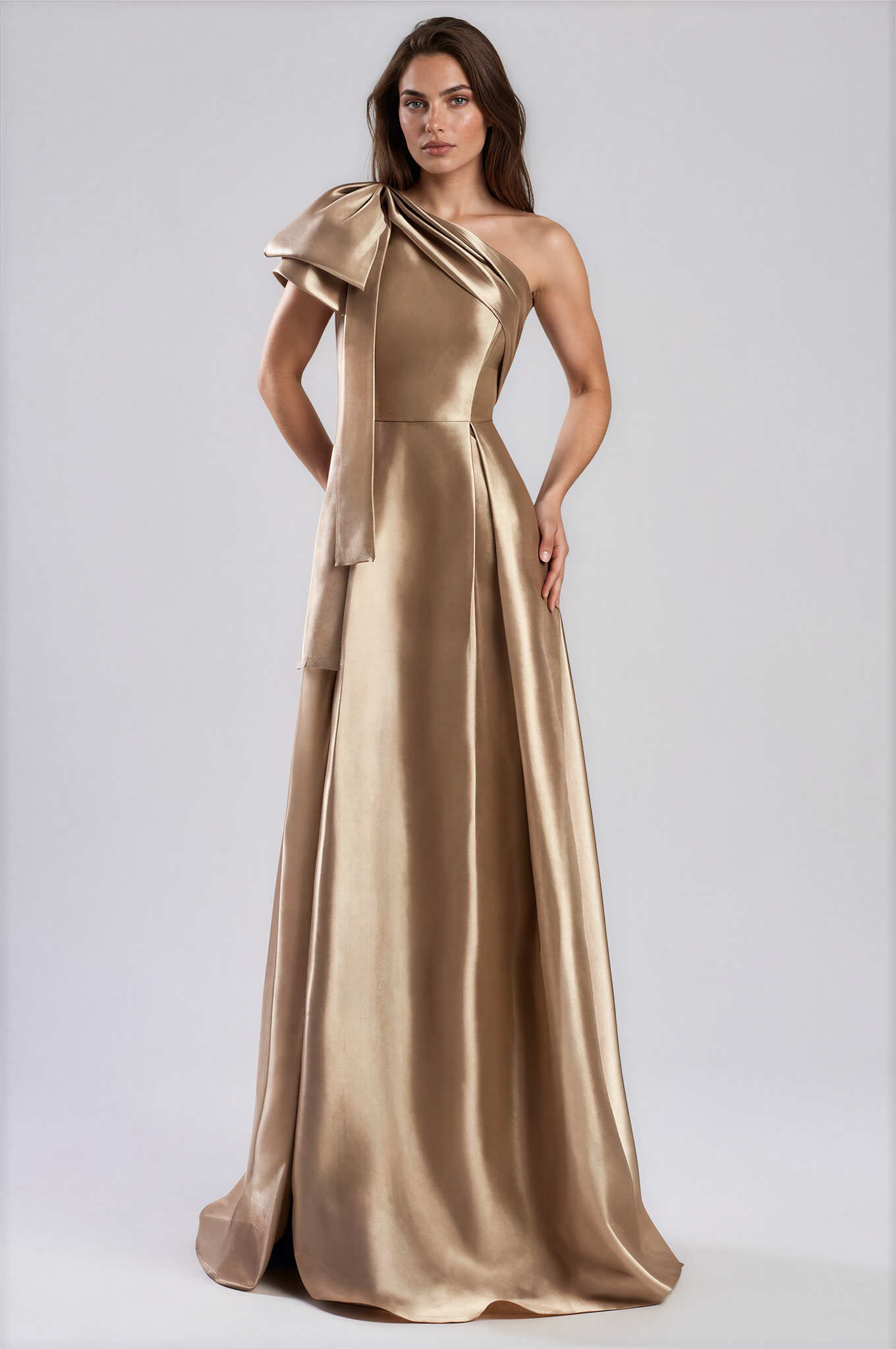 A woman modeling a floor-length satin gown in a warm champagne-gold tone by Daymor One-Shoulder Bow Organza Gown