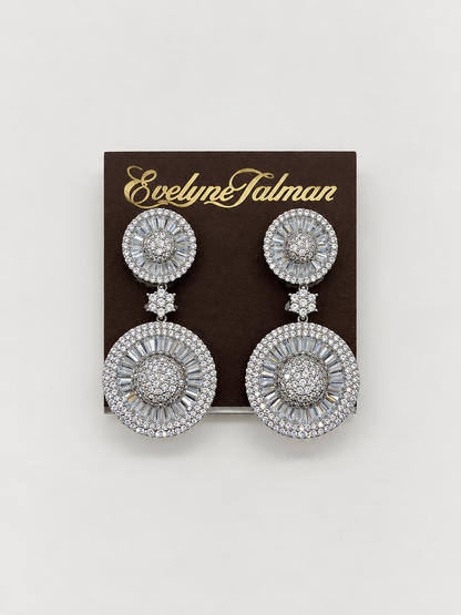 A pair of large silver-tone drop earrings with multiple circular clusters of clear stones, Double Circle CZ Clip-on Earrings
