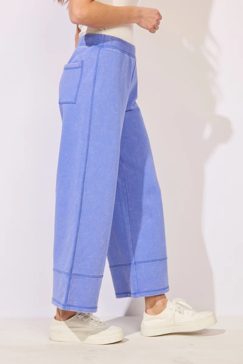Women’s ESCAPE BY HABITAT  COLOR WASHED TERRY CROPPED WIDE LEG - 68097 Color Baja Blue wide-leg cropped pants in a light periwinkle blue color