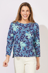 Woman wearing a blue floral patterned top ESCAPE BY HABITAT  FOLIAGE FLORAL COTTON BOXY TEE - 12125 Color Harbor