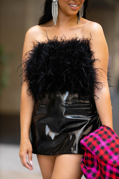 Fancy Strapless Feather Crop Top - Black